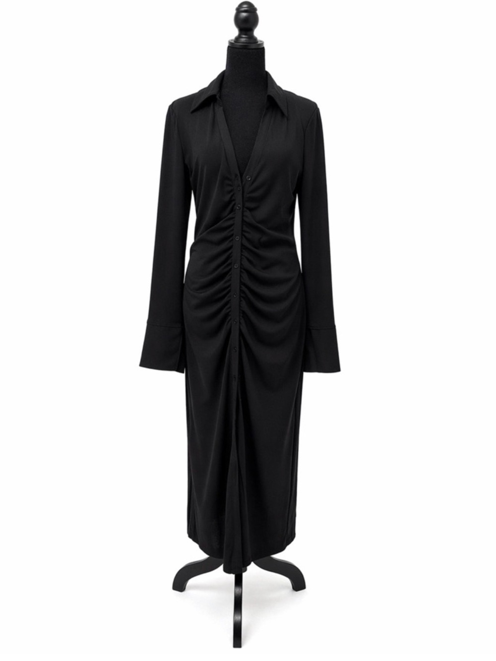 H&M Black Long-Sleeve Ruched Button-Front Dress